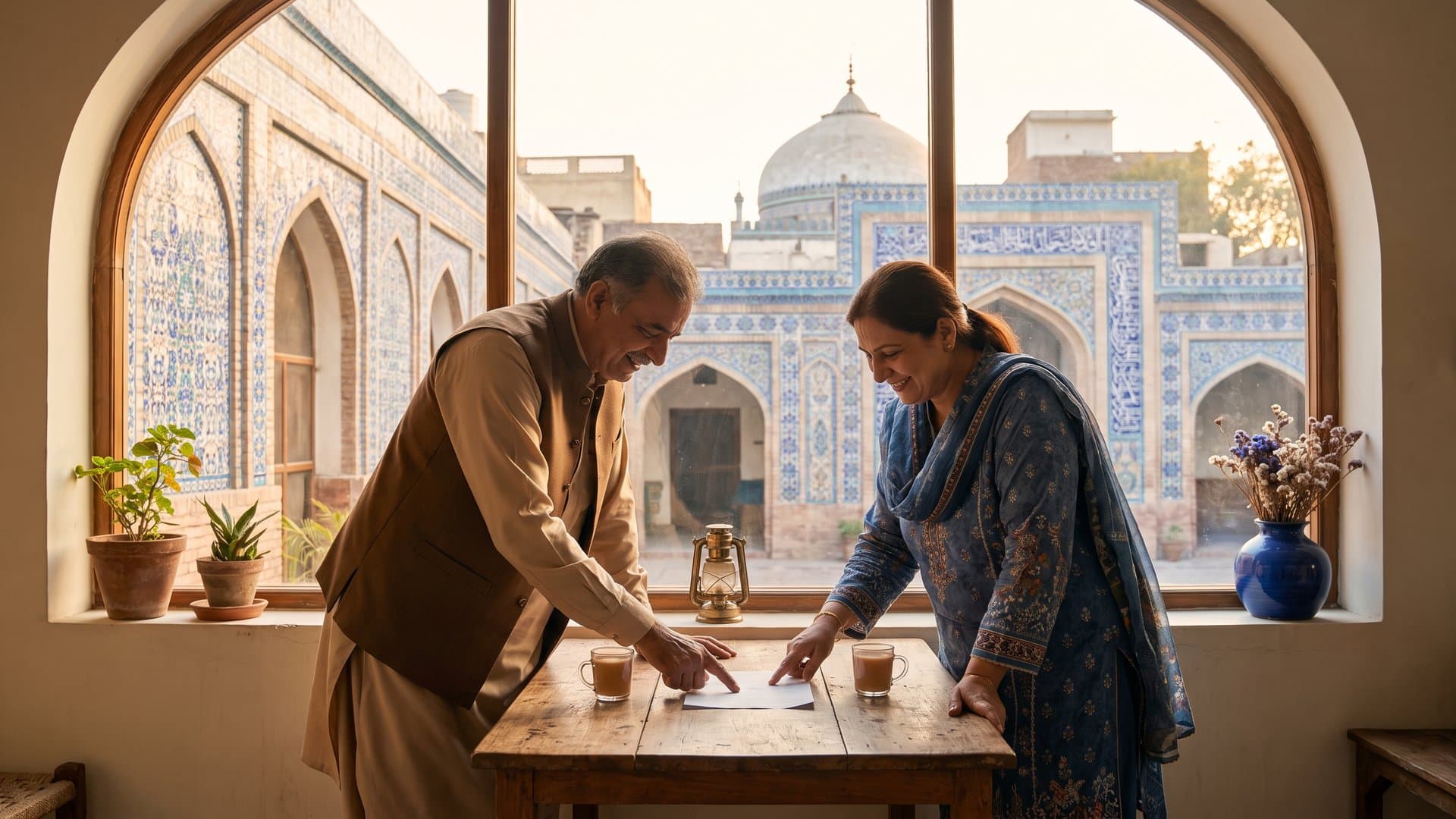 مٹھائی کی دکان چلانے والا جوڑا چائے کے ساتھ ایک سادہ پلان دیکھ رہا ہے