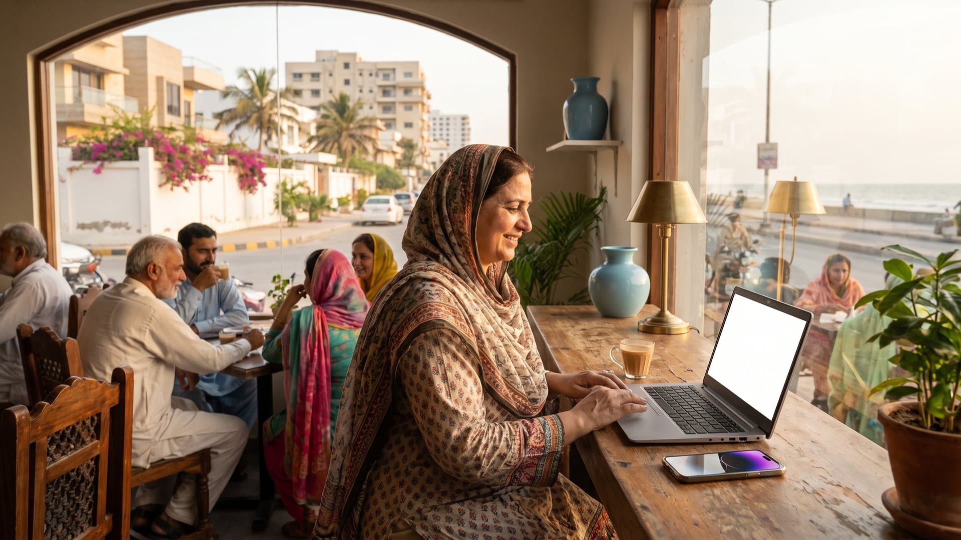 کیفے کی مالکن لیپ ٹاپ پر سب کچھ ترتیب دے رہی ہے جبکہ کاؤنٹر پر اس کا فون روشن ہے